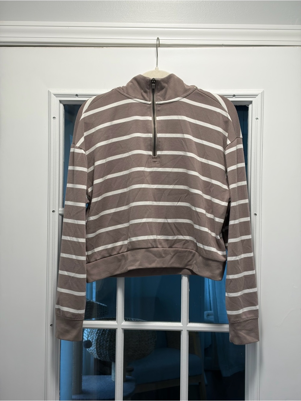 Danskin Taupe and White Striped Half-Zip Sweater